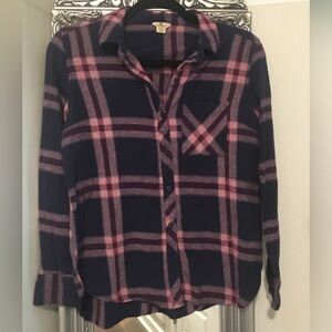 Navy and Red Plaid Button-Up Shirt